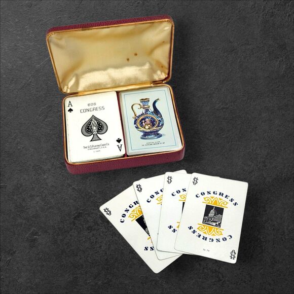 Vintage Congress 606 Double Deck Playing Cards Venetian Glass Clamshell Case USA - Picture 1 of 8